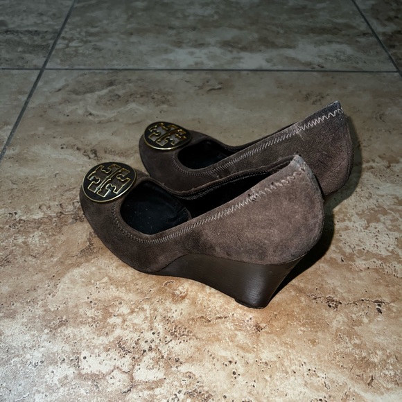 Tory Burch Sophie Chocolate Suede Wedge Heels - Picture 2 of 10